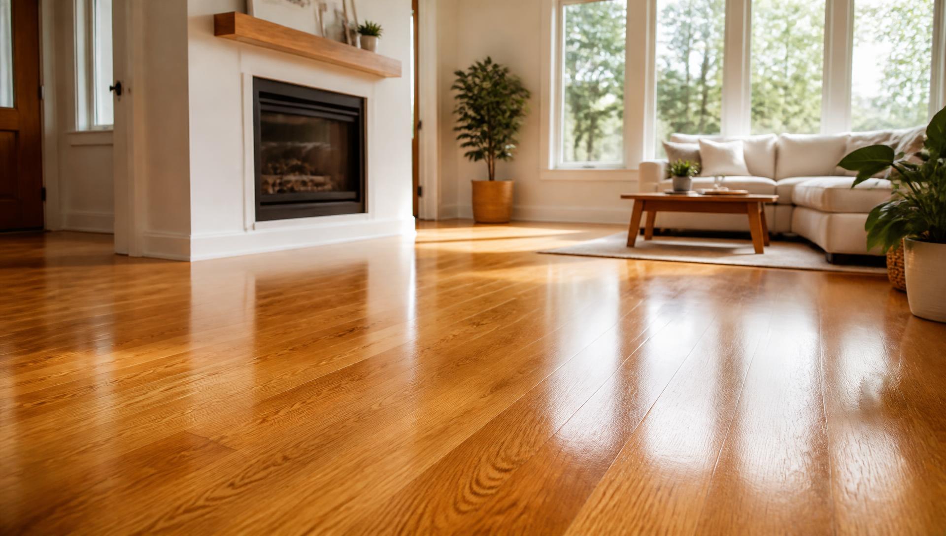 Plancher de bois franc fraîchement sablé et verni dans un salon lumineux